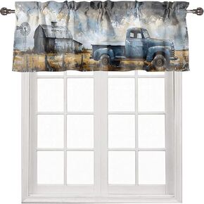 Old Truck Rod Pocket Valances Curtains for Kitchen Rustic Wooden Barn Windmill Vintage Blue Car Farmhouse Country Scenery Privacy Window Valances for Living Room Bedroom Bathroom 54 x 18 Inch, 1 Panel