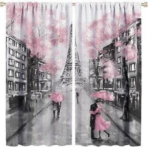 Paris Eiffel Tower Curtain Oil Painting European France City Landscape Modern Couple Black Pink Tree Home Decor Waterproof Fabric Bedroom Bathroom Living Room 2 Panels 42×45 Inch