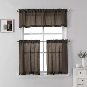 SeeGlee Faux Linen Light Filtering Semi-Sheer Rod Pocket Kitchen Curtain Valance and Tiers Set for Small Window,W52 x L15+ 2 Pcs W26 x L36(Toal:W52 x L36),Coffee Brown