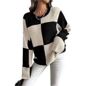 Verdusa Women's Color Block Plaid Sweater Drop Shoulder Knit Sweater Long Sleeve Knitted Pullovers