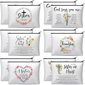 Reginary 12 Pieces Sisters in Christ Makeup Bags Christian Gifts for Women Christian Secret Sister Cosmetic Bags Inspirational Religious Valentine Mother's Day Birthday Gift for Best Friends Sister
