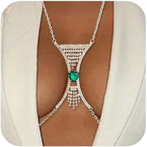 YERTTER Rhinestone Green Crystal Chest Bracket Bra Chain Bikini Silver Body Chain Jewelry Rhinestone Underwear Chain Beach Lingerie Chest Chain for Women（Silver Green）
