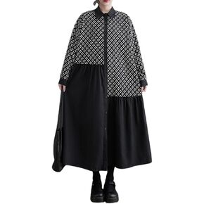 ellazhu Women's Irregular Patchwork Polo Long Dress Printed Buttons Down Outerwear GZ08