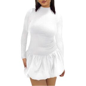 Women's Mock Neck Backless Ribbed Mini Dress with Long Sleeves and Ruffle Bubble Skirt