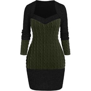 ROSE GAL Rosegal Women Plus Size Sweetheart Neck Two Tone Bodycon Long Sleeve Cable Knit Ribbed Mini Sweater Dress