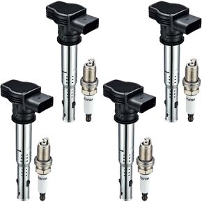 Set of 4 Ignition Coil Pack UF575 and Iridium Spark Plugs PFR7S8EG 4 Pack Compatible with Volkswagen CC Eos GTI Beetle Golf Jetta Passat Audi A3 A4 A5 A6 Q3 TT Quattro Q5 TT 2.0L L4 4.2L V8