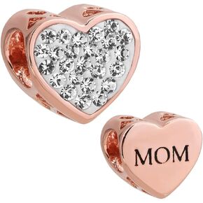 KunBead Mom Rose Gold Sparking Birthstone Rhinestone Heart Love Bead Charms Compatible with Pandora Bracelets Birthday Mothers Day Jewelry Gifts for Women