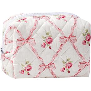 Makeup Bag Small Travel Quilted Cosmetic Bag Organizer, Floral Checkered Cotton Coquette Aesthetic Portable Pouch Purse Toiletry Bag for Women Girls accessories (Pink floral check-s)