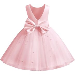 Flower Girl Dress Tulle Satin Wedding Party Dress with Pearls Gilrs Birthday Party Dress with Bow-Knot