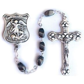 Silver Toned Saint Michael US Military Hematite Prayer Bead Rosary, 16 1/4 Inch