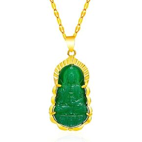 Buddha Quan Yin Pendant Guan Yin Beaded Chain Necklace Jade Stone Beads Kwan-yin Chinese Feng Shui Amulet for Wealth Safe (Golden)