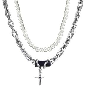 Pearl Necklace for Men Y2K Layered Cross Necklaces Mens Stainless Steel Chain Pearl Choker Compass Pendant 2/3PCS Necklaces Set for Men Women Jewelry for Father Boyfriend Husband