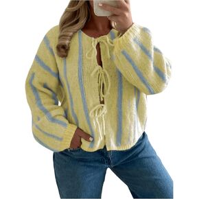 MakeMeChic Women's Vertical Stripe Tie Front Cardigan Long Sleeve Crew Neck Sweater Top