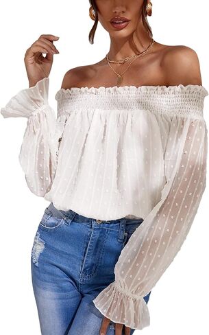 MakeMeChic Women's Swiss Dots Off Shoulder Shirt Flounce Long Sleeve Shirred Blouse Tops in Saudi Arabia