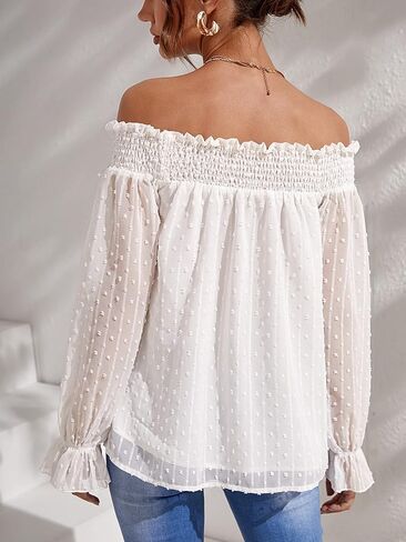 MakeMeChic Women's Swiss Dots Off Shoulder Shirt Flounce Long Sleeve Shirred Blouse Tops in Saudi Arabia