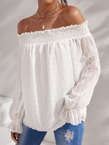 MakeMeChic Women's Swiss Dots Off Shoulder Shirt Flounce Long Sleeve Shirred Blouse Tops in Saudi Arabia