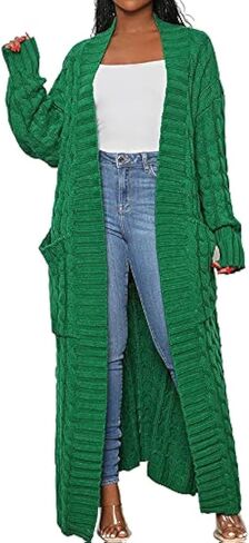 DIVOSEKY Stylish Cable Knit Dual Pocket Cardigan, Yellow Extra Long Ankle Length Floor Trending Maxi Cardigans for Women (Green,M) in Saudi Arabia
