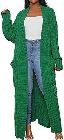 DIVOSEKY Stylish Cable Knit Dual Pocket Cardigan, Yellow Extra Long Ankle Length Floor Trending Maxi Cardigans for Women (Green,M) in Saudi Arabia