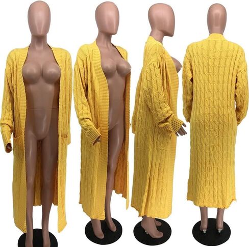 DIVOSEKY Stylish Cable Knit Dual Pocket Cardigan, Yellow Extra Long Ankle Length Floor Trending Maxi Cardigans for Women (Green,M) in Saudi Arabia