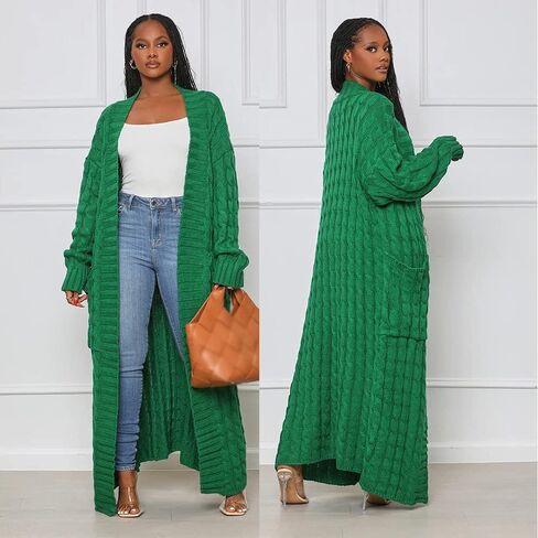 DIVOSEKY Stylish Cable Knit Dual Pocket Cardigan, Yellow Extra Long Ankle Length Floor Trending Maxi Cardigans for Women (Green,M) in Saudi Arabia