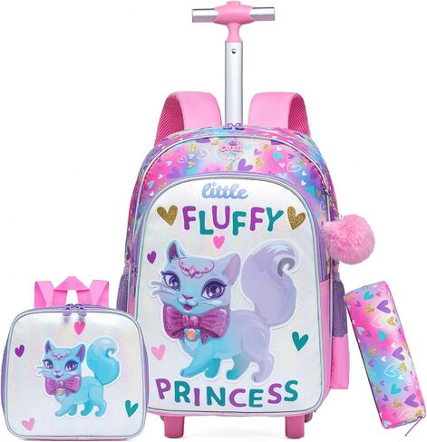 Rolling Backpack for Girls Cute Kids Rolling Backpack with Lunch Bag Kids Backpack with Wheels for School Backpacks for Elementary with Lunch Box Pencil Case Trolley Luggage in Kuwait