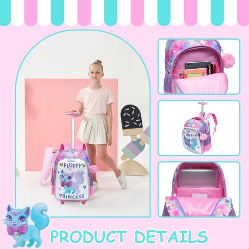 Rolling Backpack for Girls Cute Kids Rolling Backpack with Lunch Bag Kids Backpack with Wheels for School Backpacks for Elementary with Lunch Box Pencil Case Trolley Luggage in Kuwait