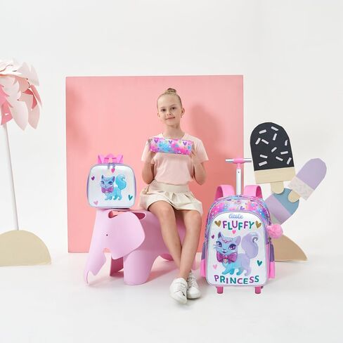 Rolling Backpack for Girls Cute Kids Rolling Backpack with Lunch Bag Kids Backpack with Wheels for School Backpacks for Elementary with Lunch Box Pencil Case Trolley Luggage in Kuwait