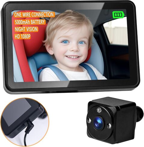 One-Wire Connection Baby Car Camera, HD 1080P Baby Car Mirror, Night Vision Car Seat Camera, Rear Facing Backseat Monitor with Screen for Parents, USB Powered, Rechargeable 5000mAh Battery in Saudi Arabia