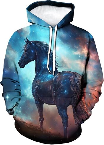 Novelty Gorgeous Starry Sky Thunderbolt Horse Graphic Hoodie Hoodies Psychedelic Aurora Animal Sweatshirts Pullover in Kuwait