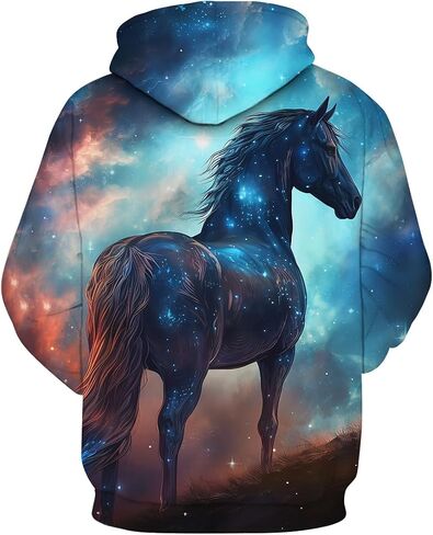 Novelty Gorgeous Starry Sky Thunderbolt Horse Graphic Hoodie Hoodies Psychedelic Aurora Animal Sweatshirts Pullover in Kuwait