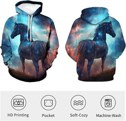 Novelty Gorgeous Starry Sky Thunderbolt Horse Graphic Hoodie Hoodies Psychedelic Aurora Animal Sweatshirts Pullover in Kuwait