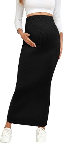 2024 Maternity Adjustable Waist Rib Knit Maxi Skirt Over The Belly Stretchy Pregnancy Long Pencil Skirts, Apricot, S in Saudi Arabia