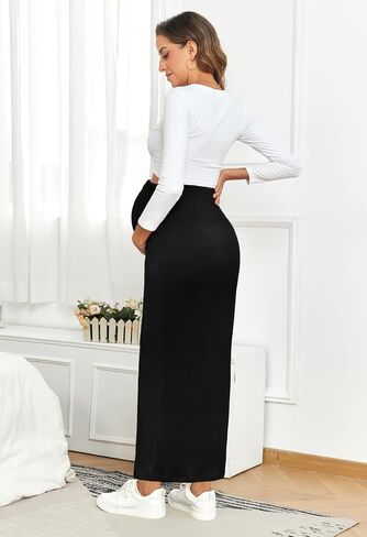 2024 Maternity Adjustable Waist Rib Knit Maxi Skirt Over The Belly Stretchy Pregnancy Long Pencil Skirts, Apricot, S in Saudi Arabia