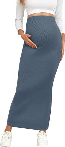 2024 Maternity Adjustable Waist Rib Knit Maxi Skirt Over The Belly Stretchy Pregnancy Long Pencil Skirts, Apricot, S in Saudi Arabia