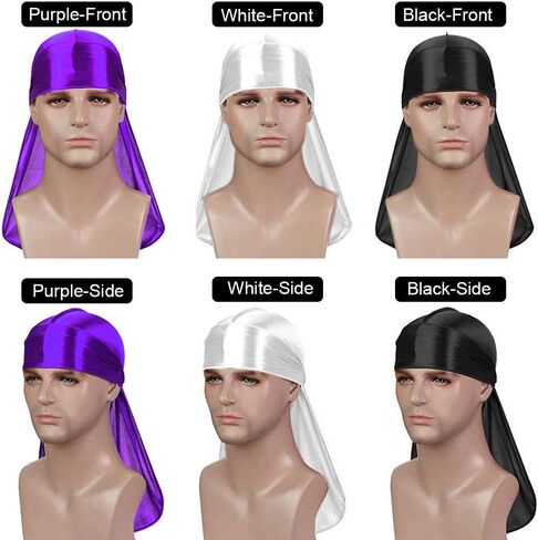3 قطع من Durags الحريرية للرجال المموجات، قطعة قماش ضغط جيدة لموجات 360 540 720، هدايا مثالية لعيد الأب (أزرق، أبيض، أسود) in Saudi Arabia