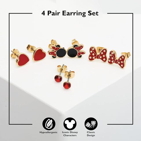 Disney Minnie Mouse Earrings 4-Pack Official License, Red Crystal and Enamel-Plated Stud Earrings in Saudi Arabia