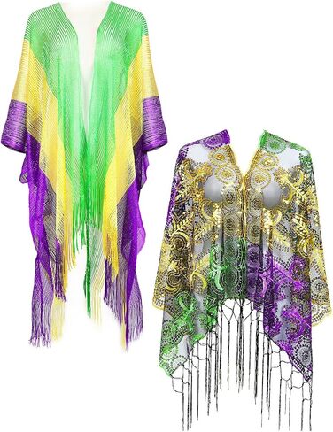 2 Pcs Mardi Gras Shawl Scarf Poncho Outfits for Women Mardi Gras Outdoor Party Holiday Masquerade Accessories in Saudi Arabia