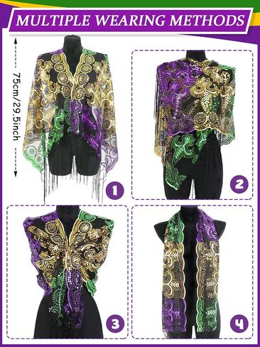 2 Pcs Mardi Gras Shawl Scarf Poncho Outfits for Women Mardi Gras Outdoor Party Holiday Masquerade Accessories in Saudi Arabia