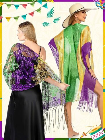 2 Pcs Mardi Gras Shawl Scarf Poncho Outfits for Women Mardi Gras Outdoor Party Holiday Masquerade Accessories in Saudi Arabia