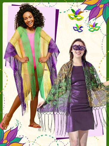 2 Pcs Mardi Gras Shawl Scarf Poncho Outfits for Women Mardi Gras Outdoor Party Holiday Masquerade Accessories in Saudi Arabia
