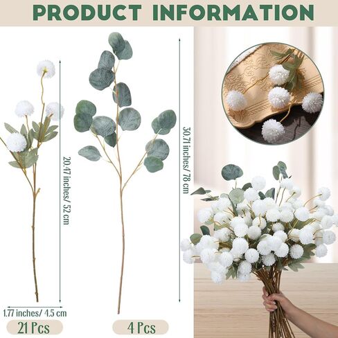 Tigeen 105 Heads 20.5" Faux Kiku Flowers with 26.8" Eucalyptus Branches Artificial Silk Pompon Mum with Stems Chrysanthemum Flowers for DIY Bouquet Wedding Arrangements Centerpiece(White, Green) in Saudi Arabia