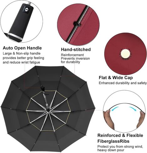 مظلة غولف كبيرة جدًا من ساتول مقاس 62 بوصة - مقاومة للرياح و10 أضلاع مزودة بفتحات تهوية مزدوجة وشرائط عاكسة للضوء تفتح/تغلق تلقائيًا للحماية من الأشعة فوق البنفسجية خفيفة الوزن وصغيرة الحجم للاستخدام في الهواء الطلق والسفر (أحمر) in Kuwait