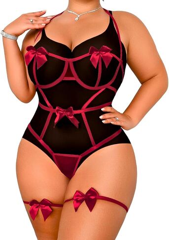 Kaei&Shi Plus Size Bow Lingerie,Christmas Lingerie For Curvy Women,Strappy Birthday Lingerie Set Valentines in Saudi Arabia