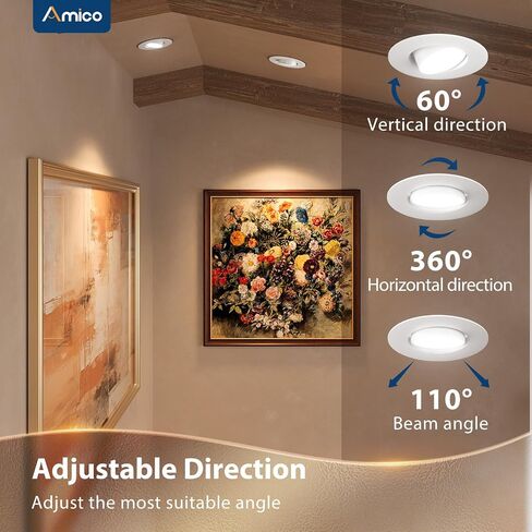 Amico 5/6 Inch Retrofit Eyeball Gimbal Can Lights 6 Pack, 5CCT LED Recessed Lights Directional Angled Trim Adjustable Ceiling Downlight, 2700K/3000K/4000K/5000K/6000K, 16W=150W, 1500 LM- ETL&FCC in Saudi Arabia