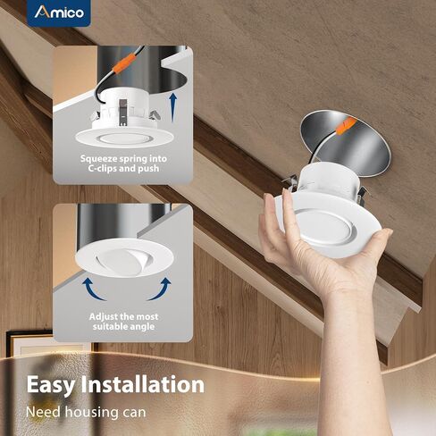Amico 5/6 Inch Retrofit Eyeball Gimbal Can Lights 6 Pack, 5CCT LED Recessed Lights Directional Angled Trim Adjustable Ceiling Downlight, 2700K/3000K/4000K/5000K/6000K, 16W=150W, 1500 LM- ETL&FCC in Saudi Arabia