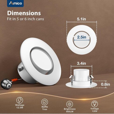 Amico 5/6 Inch Retrofit Eyeball Gimbal Can Lights 6 Pack, 5CCT LED Recessed Lights Directional Angled Trim Adjustable Ceiling Downlight, 2700K/3000K/4000K/5000K/6000K, 16W=150W, 1500 LM- ETL&FCC in Saudi Arabia