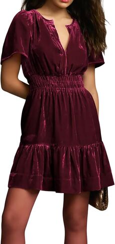 R.Vivimos Women's Fall Winter Vintage Casual Dresses Velvet Short Sleeve V Neck Elastic Waist Tiered Flowy Swing Mini Dress in Kuwait