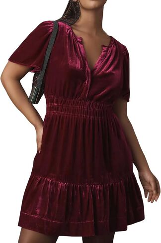 R.Vivimos Women's Fall Winter Vintage Casual Dresses Velvet Short Sleeve V Neck Elastic Waist Tiered Flowy Swing Mini Dress in Kuwait