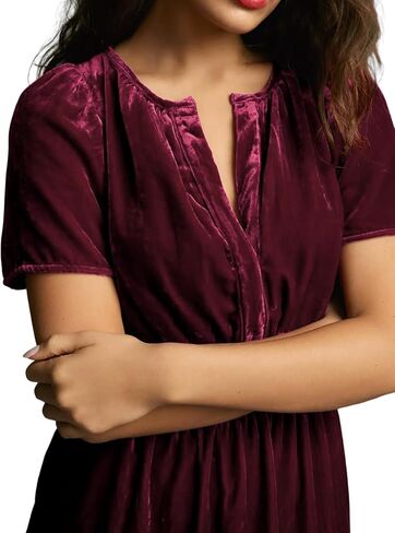 R.Vivimos Women's Fall Winter Vintage Casual Dresses Velvet Short Sleeve V Neck Elastic Waist Tiered Flowy Swing Mini Dress in Kuwait