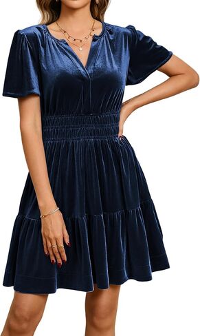 R.Vivimos Women's Fall Winter Vintage Casual Dresses Velvet Short Sleeve V Neck Elastic Waist Tiered Flowy Swing Mini Dress in Kuwait